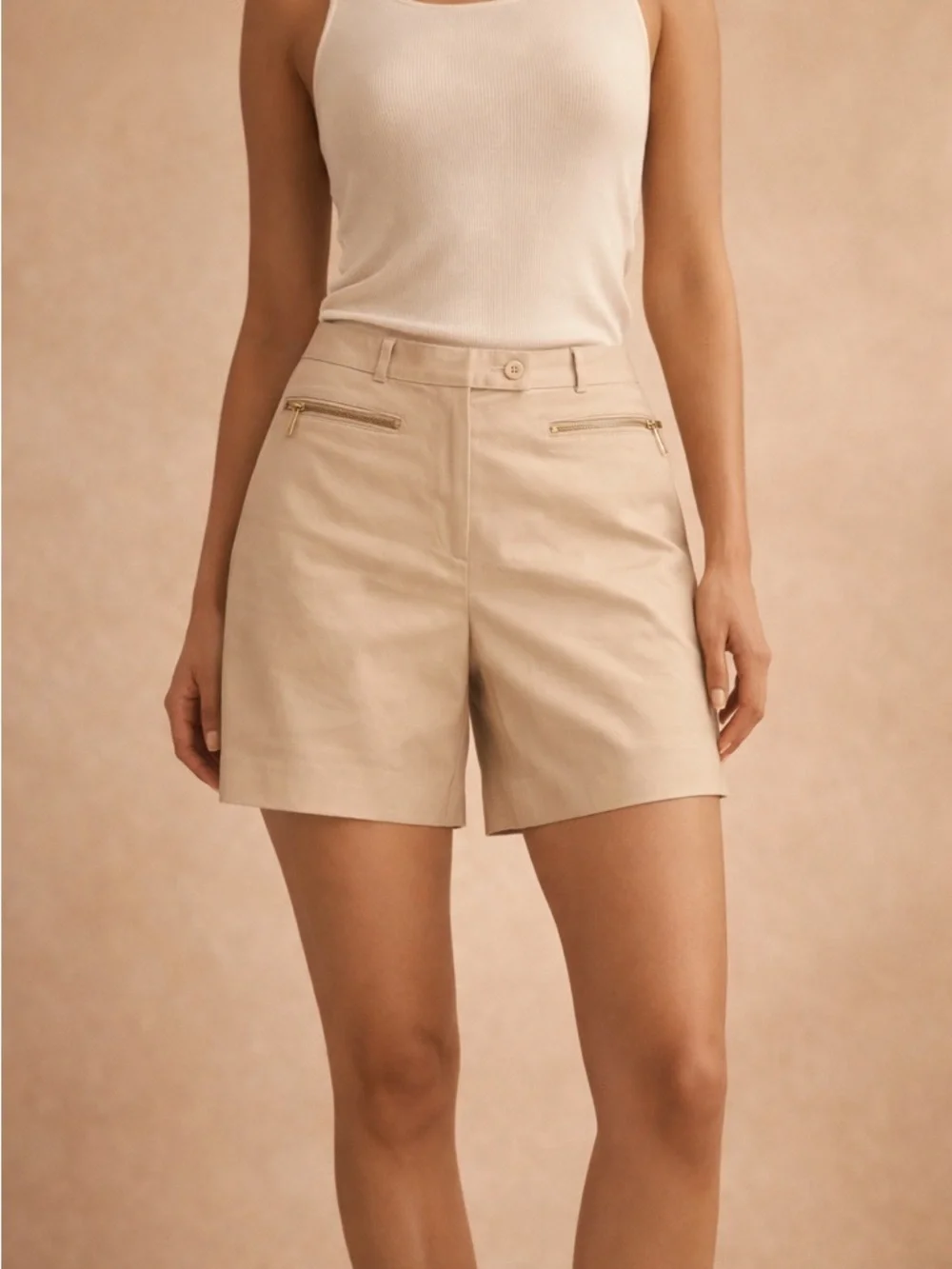 Michael Kors Beige High-Rise Tailored Bermuda Shorts with Gold Zippers